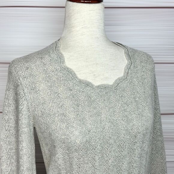 Ann Taylor Cashmere Lace Sweater Gray Silver Sparkly Scalloped Scoop Neck sz Mp - Picture 2 of 13